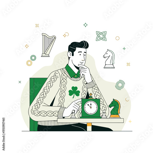 Strategic Thinking Person Contemplating Chess Pieces With Celtic Symbols And Harp