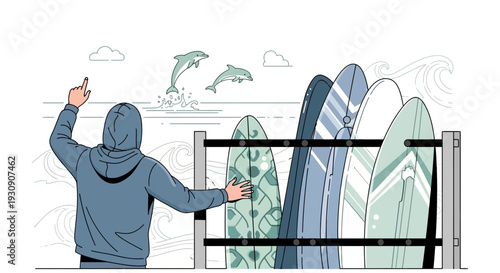 Surfer Gazes At Dolphins And Surfboards By The Ocean