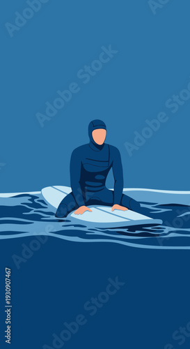 Surfer In Blue Wetsuit Sitting On Board Ready To Ride Ocean Waves