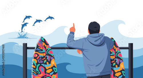 Surfer Gazes At Dolphins Leaping From Ocean Waves Next To Surfboards