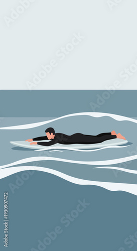 Surfer Paddling On White Board In Calm Ocean Water Minimalist Style