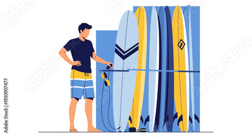 Surfer Preparing For Ocean Waves At Surfboard Rack