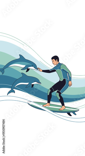 Surfer Rides Wave With Dolphins Gliding Along Beside Him