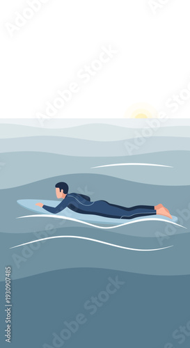 Surfer Paddling Effortlessly Across Calm Ocean Waters Under Bright Sky