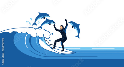 Surfer Rides Wave With Playful Dolphins Leaping in Ocean