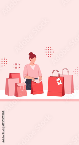 Stylish Woman With Shopping Bags And Heart Patterns Minimalist Design