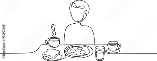 Continuous single line one morning, breakfast, meal character at the table. Coffee, fried eggs, tea, toast, juice. one line Icon drawing