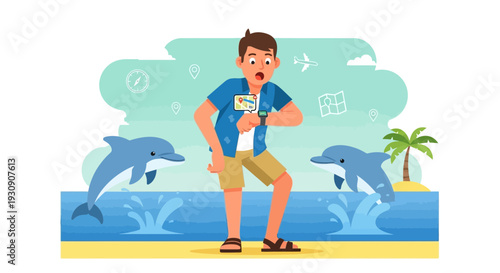 Surprised Tourist Checks Smartwatch Amidst Playful Dolphins And Tropical Island Adventure