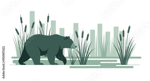 Stylized Bear Wandering Through Reeds and Abstract Vertical Shapes