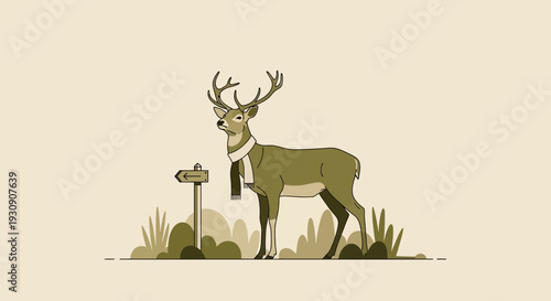 Stylized Deer Wearing Scarf Stands Beside Directional Sign