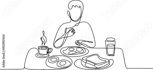 Continuous single line one morning, breakfast, meal character at the table. Coffee, fried eggs, tea, toast, juice. one line Icon drawing