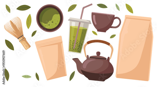 A collection of matcha tea and brewing accessories, including a whisk, teapot, cup, and bag, arranged with decorative leaves for a visually appealing composition