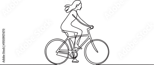 Continuous one line drawing  woman girl on a bicycle. one line Icon drawing