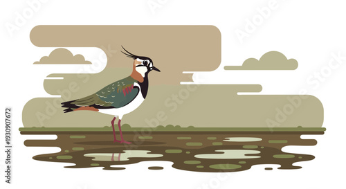 Stylized Lapwing Bird Standing in a Wet Landscape