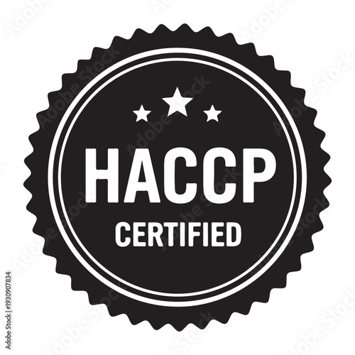 Haccp certified badge with stars and serrated edge on a black background.