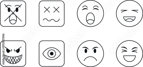 Facial Expression Emoji Icon Set with Happy, Angry, Sad, Scared, and Funny Faces in Outline Style for Messaging, UI, and Digital Design