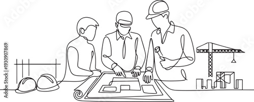 One continuous single drawn line art doodle customer and architect with drawings, foreman, construction, repair. one line Icon drawing