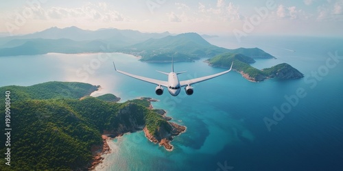 Large passenger airplane flying low over tropical island, turquoise waters and mountainous landscape during golden hour with clear skies.