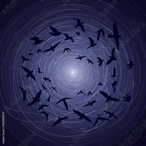 Swirling Flock Of Birds Against A Star Trail Night Sky