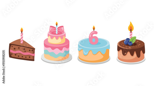 A delightful collection of four distinct cartoon-style birthday cakes, each adorned with candles and unique decorations, perfect for celebratory occasions