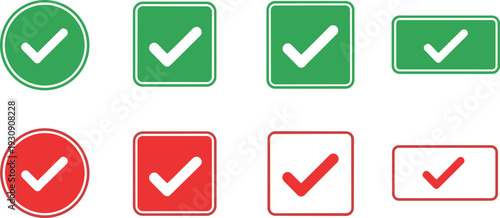 Check Mark Confirmation Icon Set with Green Approved and Red Rejected Symbols in Rounded Shapes for UI, Forms, Validation, and Status Indicators