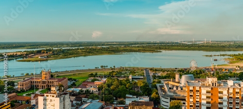 Tableau sur toile Aerial panoramic view of central Asuncion, Paraguay with the River Paraguay in t