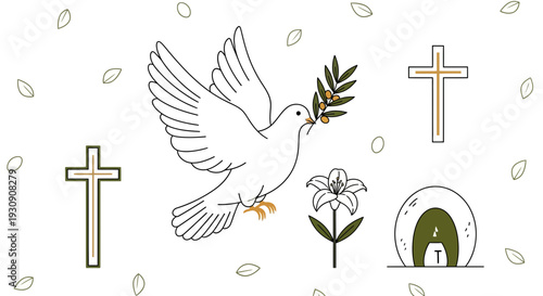 Symbolic White Dove Carrying Olive Branch and Crosses Representing Peace and Spirituality