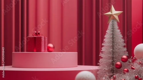 A Christmas tree with a star on top and a red box with a bow on top of it. The box is placed on a pedestal, and there are several other balls scattered around the tree