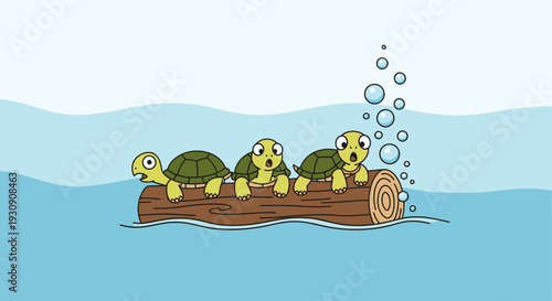 Three Adorable Turtles Floating On A Log Cartoon Style