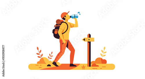 Thirsty Hiker Quenches Thirst Near Directional Signpost