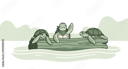 Three Adorable Turtles Enjoying A Log Ride Adventure
