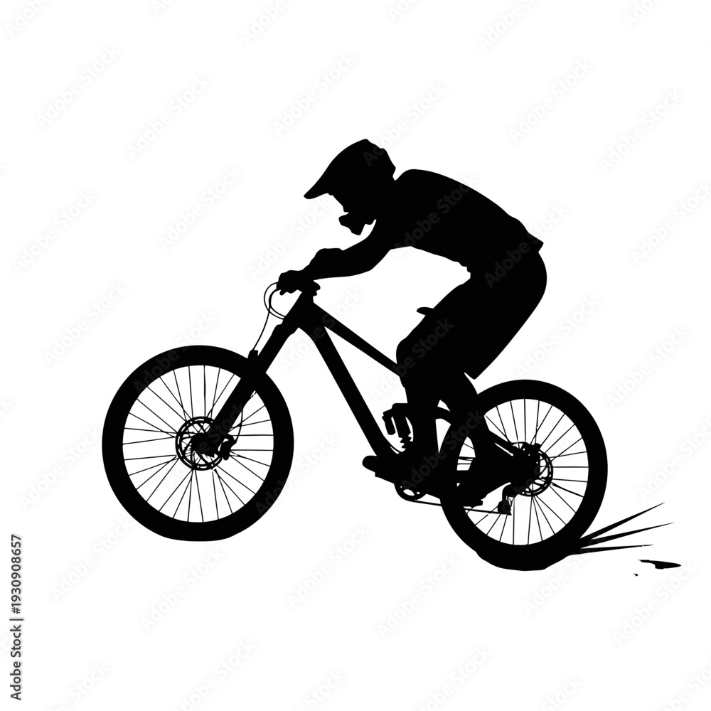 Fototapeta premium Silhouette of Mountain Biker Riding Rough Terrain in Motion.