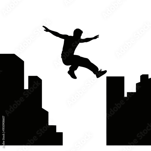 Athlete leaps between city rooftops in a dramatic urban silhouette.