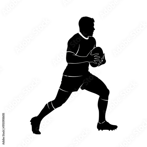 Silhouette of a rugby player sprinting with ball in dynamic action.