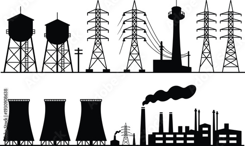 Black and white industrial power plant and energy infrastructure electricity