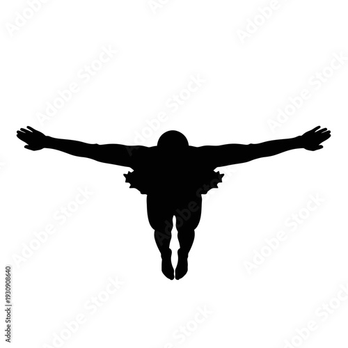 Silhouette of a skydiver with arms outstretched in mid freefall against a white background.