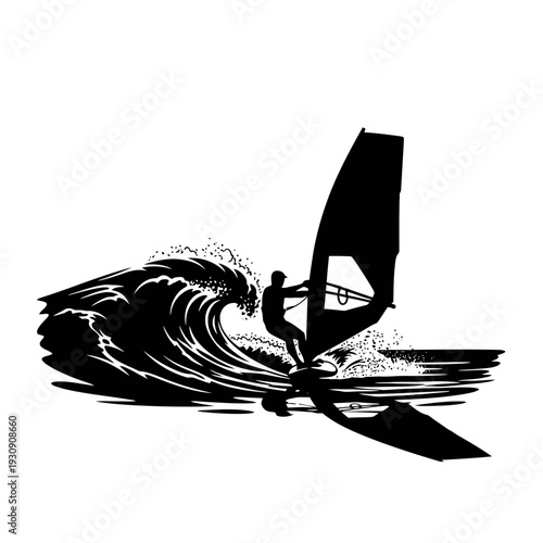 Silhouette of windsurfer carving a wave in windy water sport scene with dynamic motion.