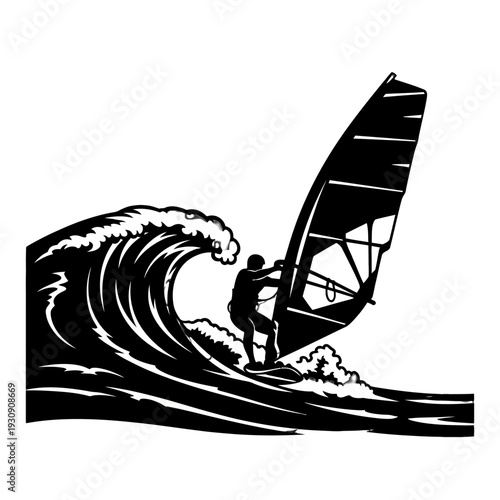 Dynamic Windsurfer Riding a Powerful Wave with Splash and Balance at Sea.