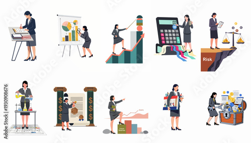 Businesswoman's journey through finance: market analysis, strategic growth, risk management, wealth creation, and financial planning in a comprehensive visual collection.