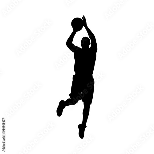 Athlete in mid-air basketball action silhouette jumping with ball above head.