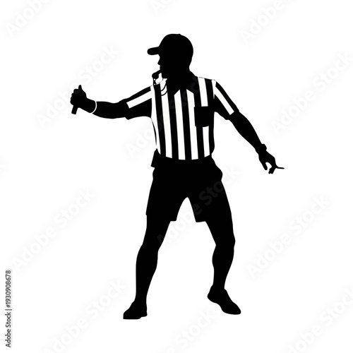 Silhouette of a striped referee signaling a call during a game.