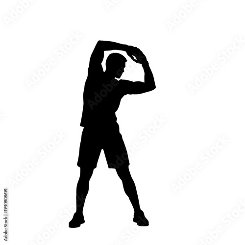 Silhouette of a person performing a standing stretch and workout pose in a bright background.