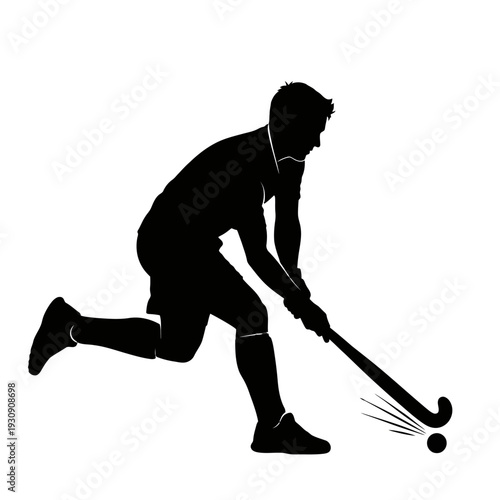 Silhouette of a field hockey player driving the ball with a stick in motion.