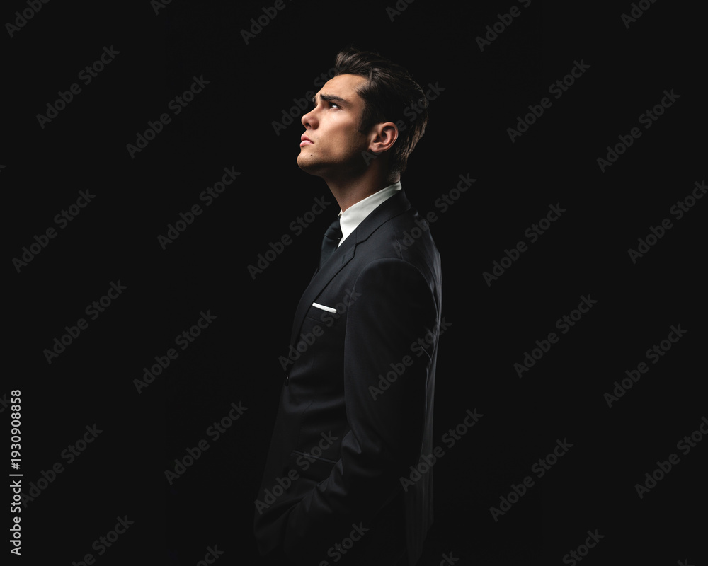 Fototapeta premium Side view of focused man looking up