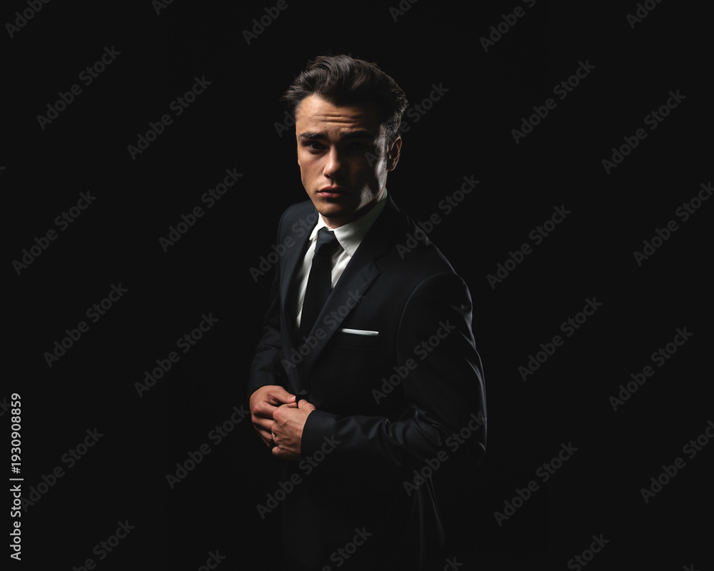 Obraz premium Elegant man fastening suit button while looking forward