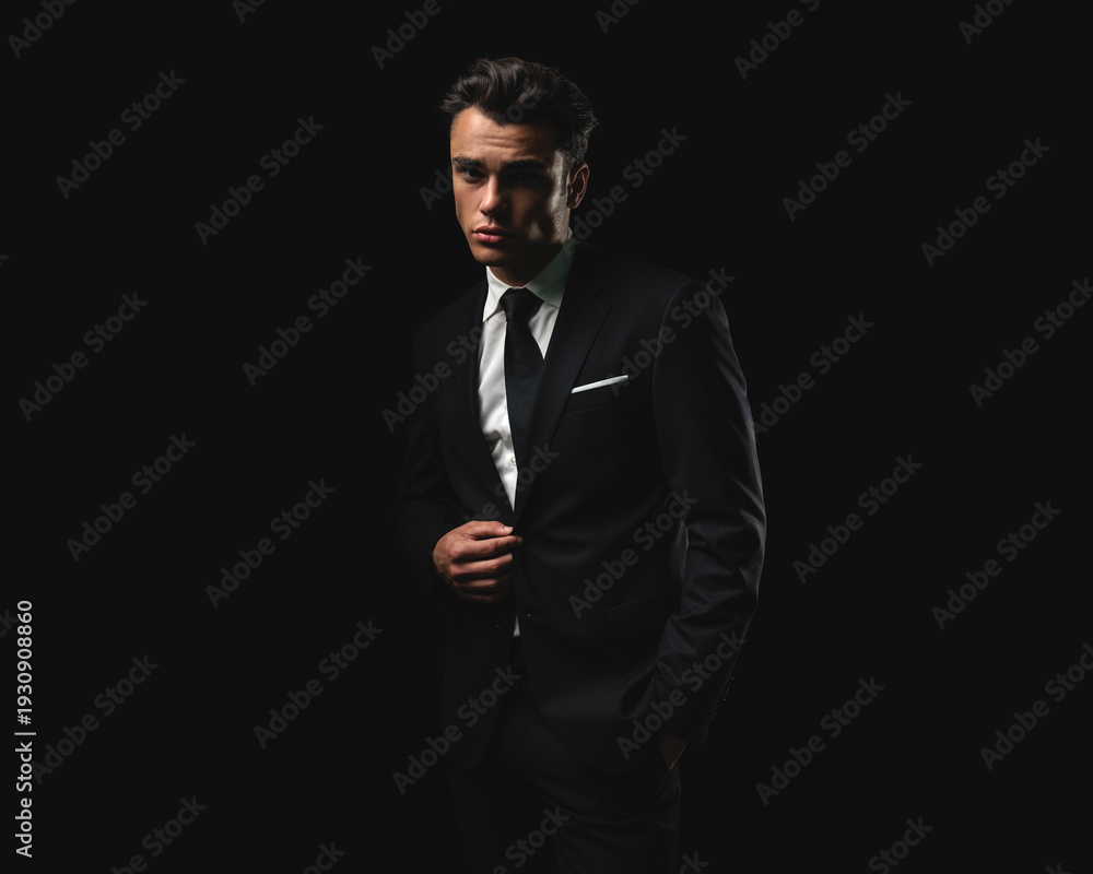 Fototapeta premium Confident young man adjusting suit jacket looking forward
