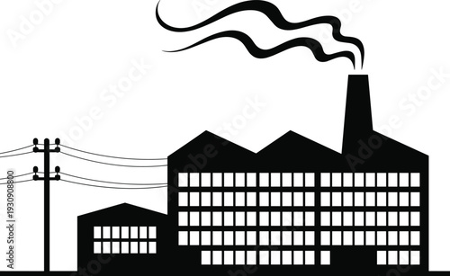 Black and white factory with smokestack and power lines industrial building