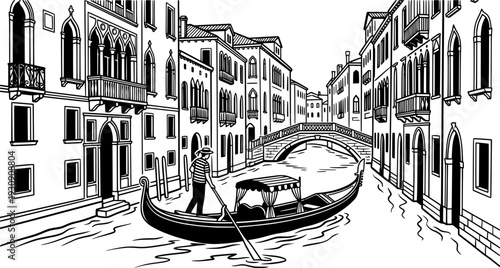 Venice Gondola on Canal Vector Illustration, Black and White Italy Travel Art
