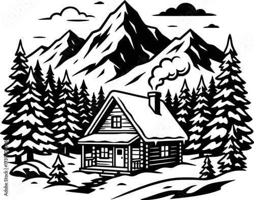 Cozy Mountain Cabin in Winter Forest Vector, Black and White Slow Travel Design
