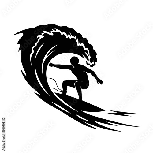 Silhouette of a surfer riding a large curling wave in action.